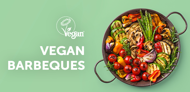 Vegan barbeque dish on a green background, the Vegan Trademark logo 