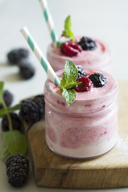 A fruit smoothie containing berries and fortified plant milk