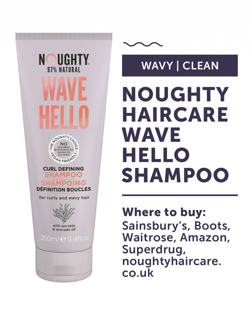 Noughty haircare wave hello shampoo, buy at Sainsbury's, Boots, Waitrose, Amazon, Superdrug and Noughty haircare. Click to visit Noughty Haircare.