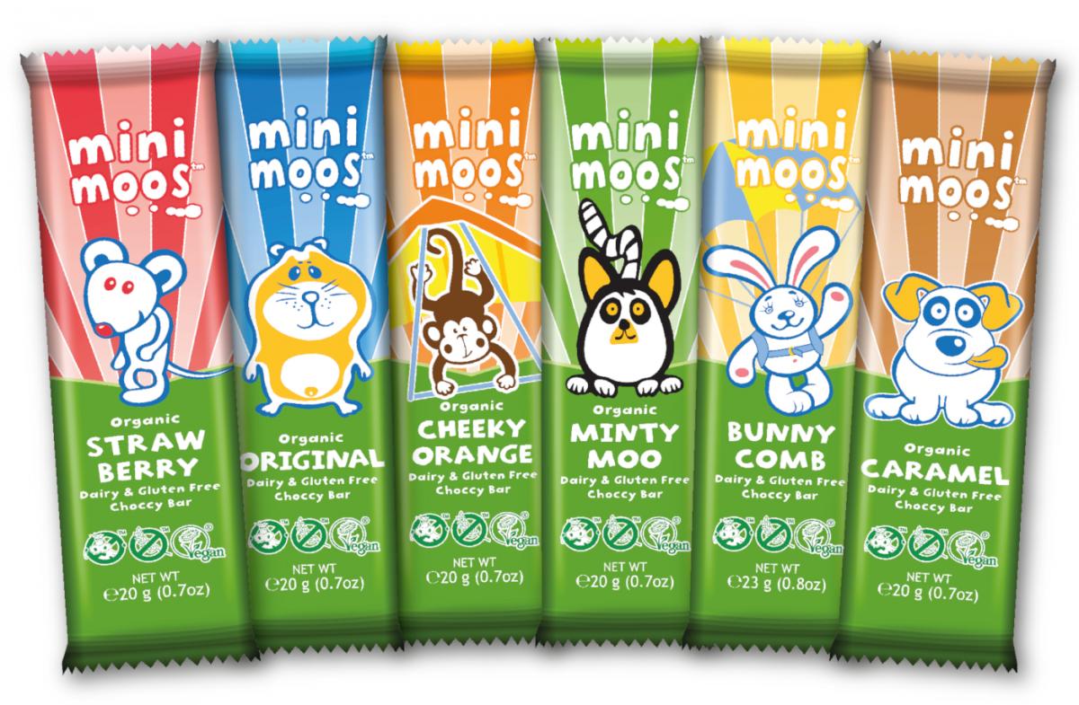 Mini Moo's chocolate in a variety of flavours on a white background