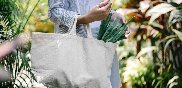 photograph person holding a tote bag and vegetables walking around the garden