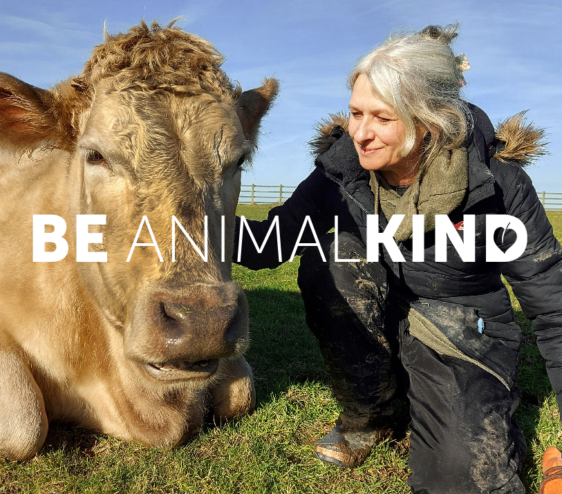 Be AnimalKind banner with person sitting next to a cow in a field
