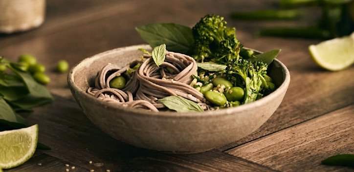 Buckwheat soba noodles in a bowl