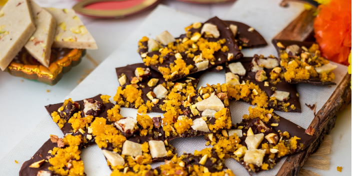 Chocolate Mithai Bark served on a decorated table