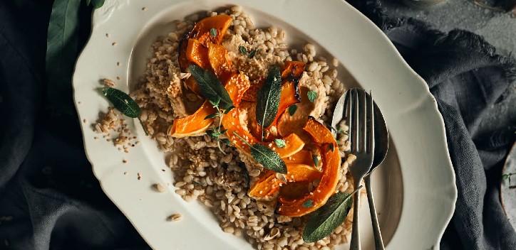 Roast Butternut Squash, Sesame Hummus and Pearl Barley