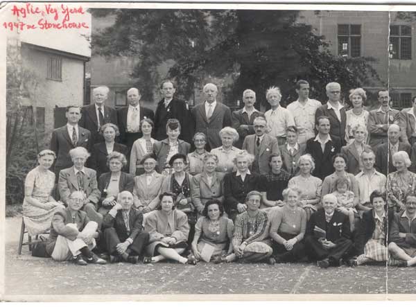 Group photo of Sally Shrigley and other founders attending the 1947 World Vegetarian Congress in Stonehouse, England.