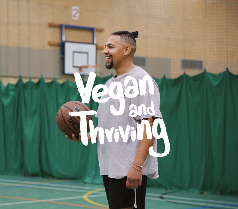 Vegan and thriving graphic of man holding a basketball