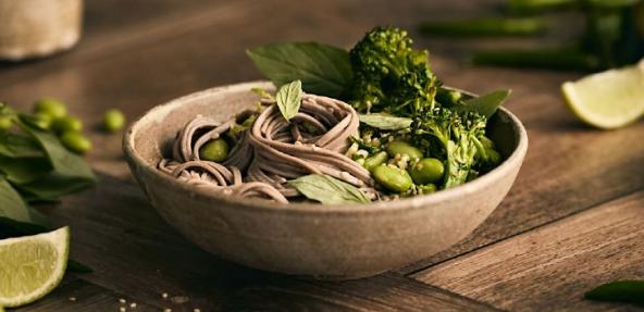 Buckwheat soba noodles in a bowl