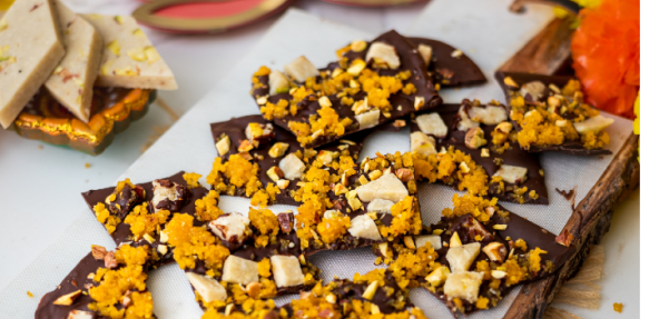 Chocolate Mithai Bark served on a decorated table