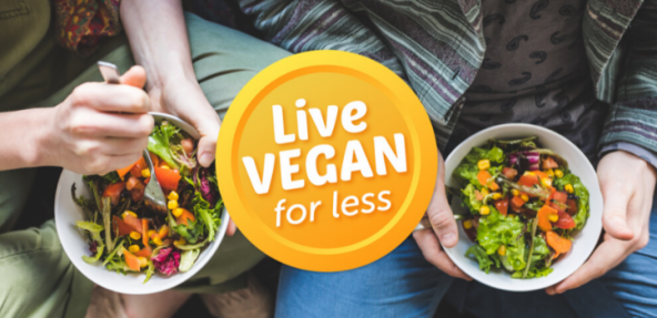 Two bowls of salad with the Live Vegan For Less campaign logo.