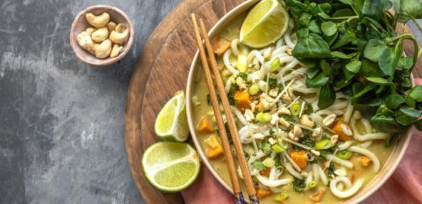 One pot vegan thai green noodle soup with watercress