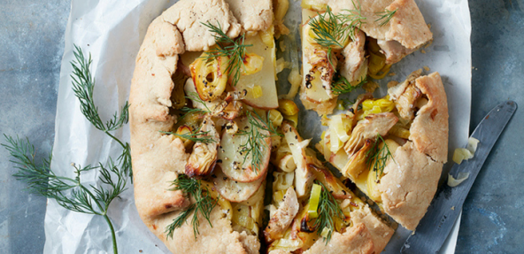 Rustic leek, potato and artichoke galette