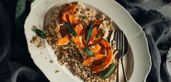 Roast Butternut Squash, Sesame Hummus and Pearl Barley