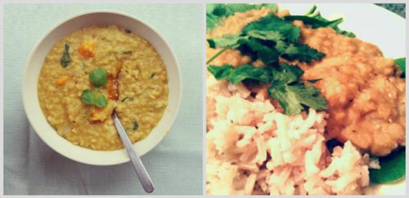 Coconut dahl served in bowl on the left, coconut dahl served with rice on the right.