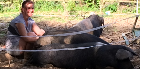 Chris sitting next to three pigs, Flora, Fauna and Fabulous