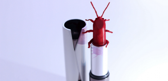 Bug shape on the end of a red lipstick against a white background