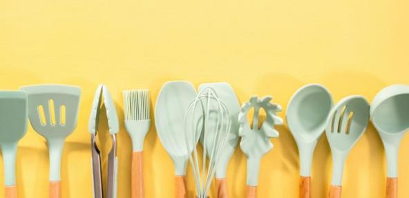 cooking utensils lined up