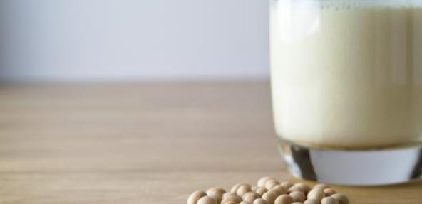Glass of soya milk with soya beans