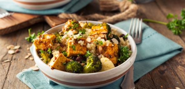 Homemade Quinoa Tofu Bowl set on a table
