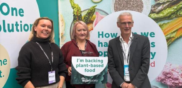 MP Kerry McCarthy with Vegan Society Public Affairs and Policy Manager, Alistair Currie and Head of Campaigns, Policy and Research, Claire Ogley.