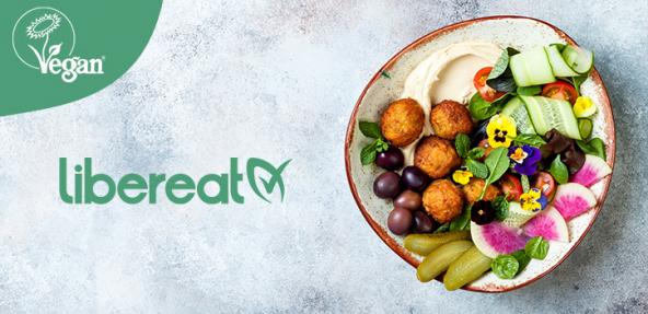 Bowl of food with LiberEat writing and Vegan Trademark Logo