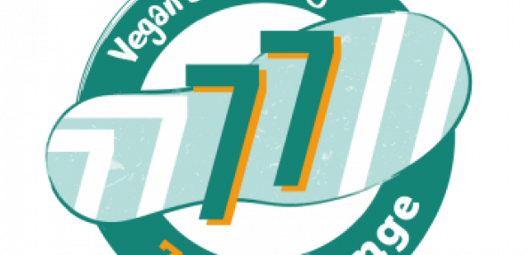 Vegan and Thriving 77 Challenge logo in green white orange