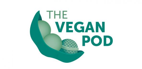 The Vegan Pod 2022 logo with microphone in a pea pod
