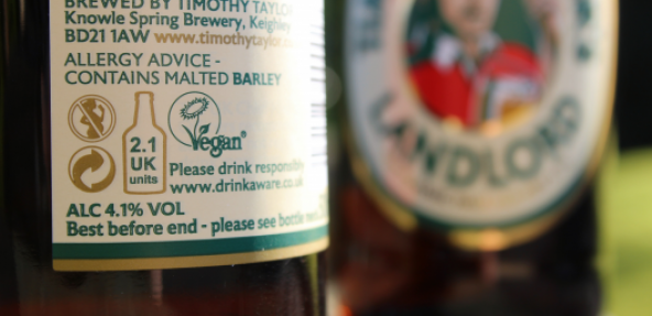 Vegan Trademark logo on Timothy Taylor bottled beer