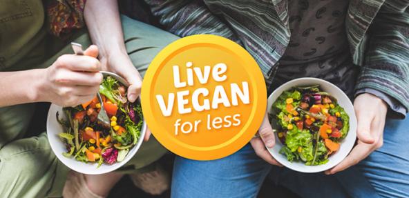 Thumbnail image looking down at two people eating vegan food out of bowls with the Live Vegan for Less campaign logo over the top