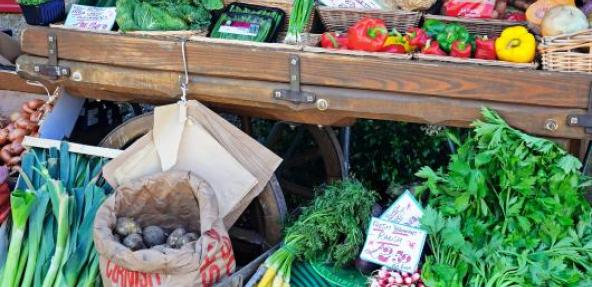 Wooden market stall with fruit and vegetables 
