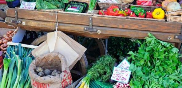 Wooden market stall with fruit and vegetables 