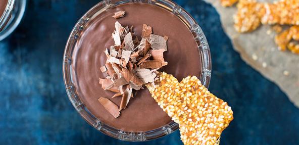 Vegan chocolate and miso mousse served with sesame brittle