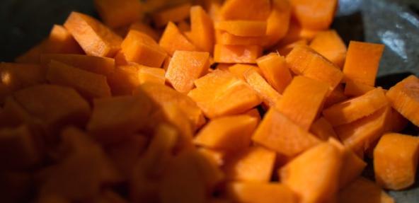 photo of chopped and peeled sweet potato chunks