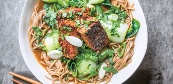 Glazed tempeh, bok choi and soba noodles