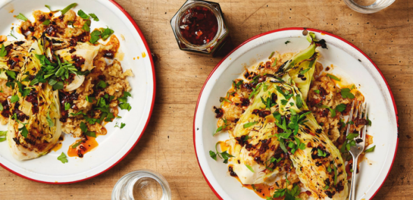 Grilled hispi cabbage with celeriac mash and ancho relish