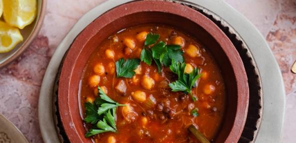 vegan harira soup in a bowl 