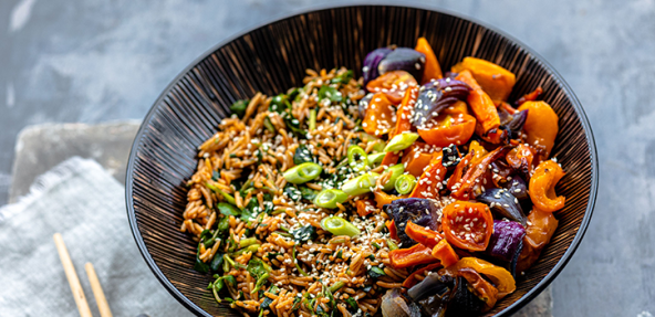 vegan smoked spicy rice bowl with watercress