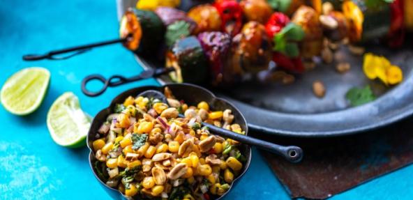 grilled vegetable skewers with watercress sweetcorn salsa