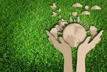 Cardboard hands holding earth