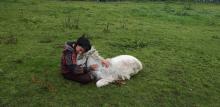 Sepi hugging a donkey in a field