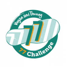 Vegan and Thriving 77 Challenge logo in green white orange