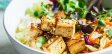 Tofu salad with sprouts and sesame seeds in white bowl. Vegan food, asian food concept.