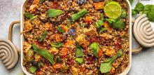 Crispy tempeh with mixed grain and lentil traybake