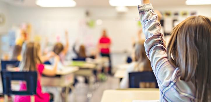 Education and school concept little student girl studying at school arm up