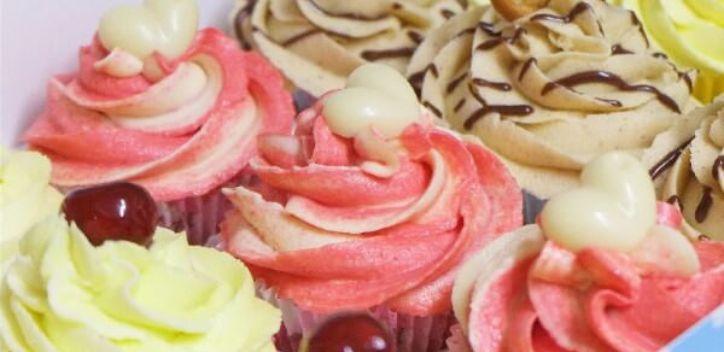 A close up of colourful vegan cupcakes in a row with lots of frosting