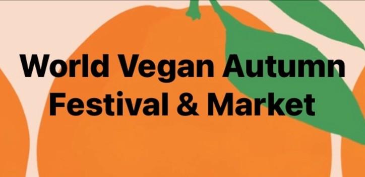 Text "World Vegan Autumn Festival & Market" written in bold font on a patterned background.