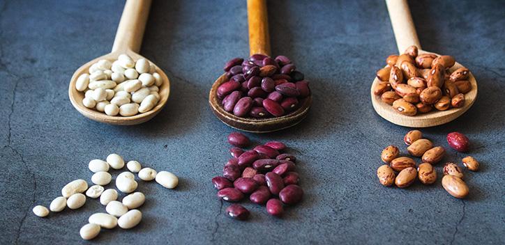 Dried beans on wooden spoons