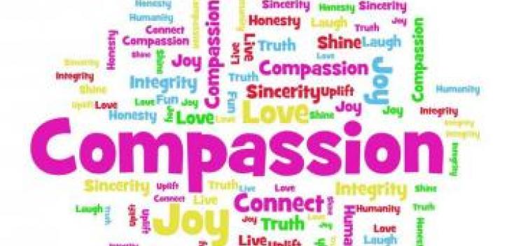 The word "Compassion" in large letter across the centre with text receding in the background.