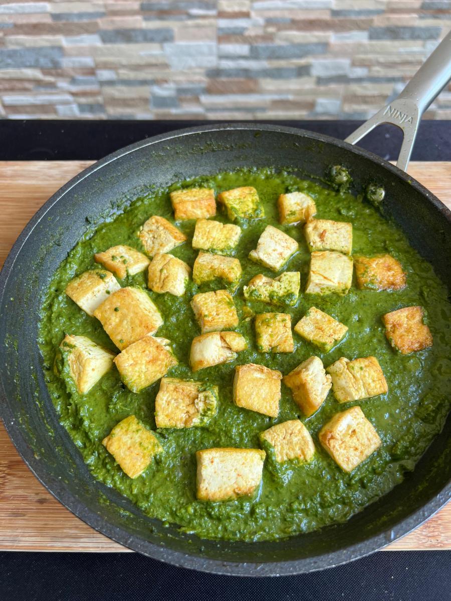 Palak Tofu in a pan