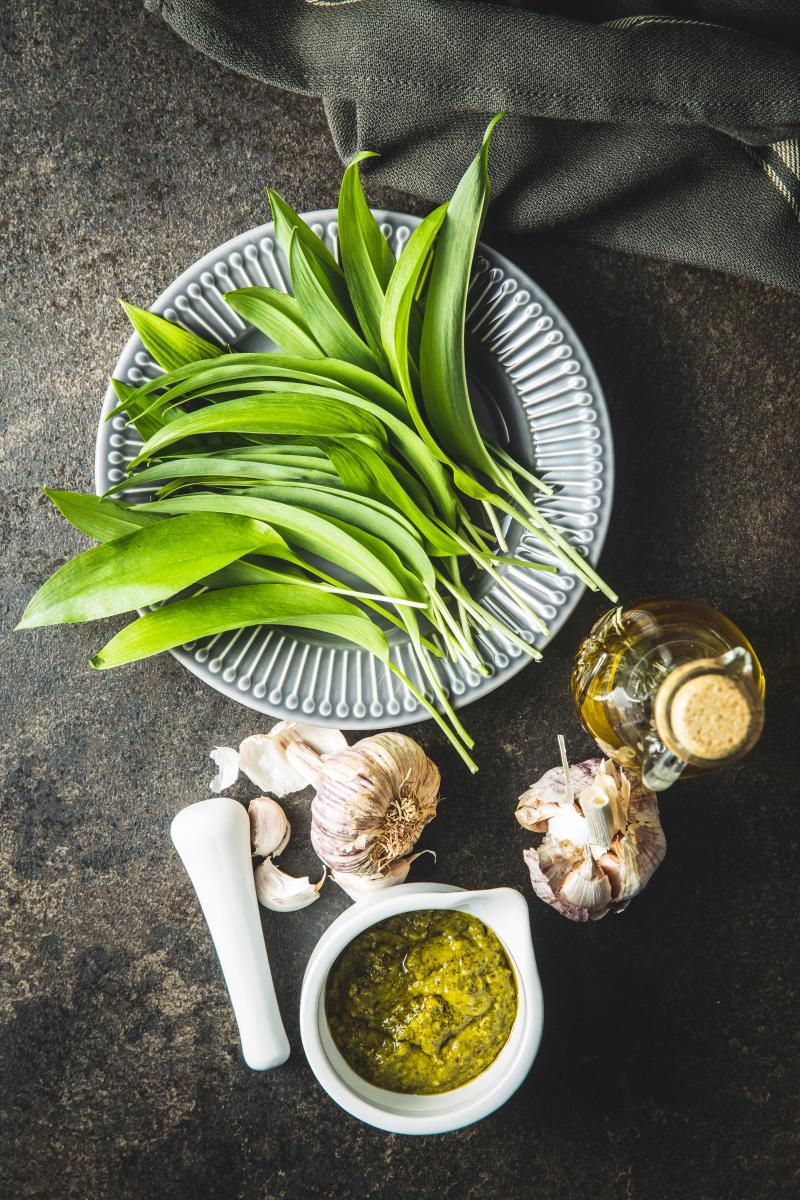 wild garlic and ramson leaves on a plate